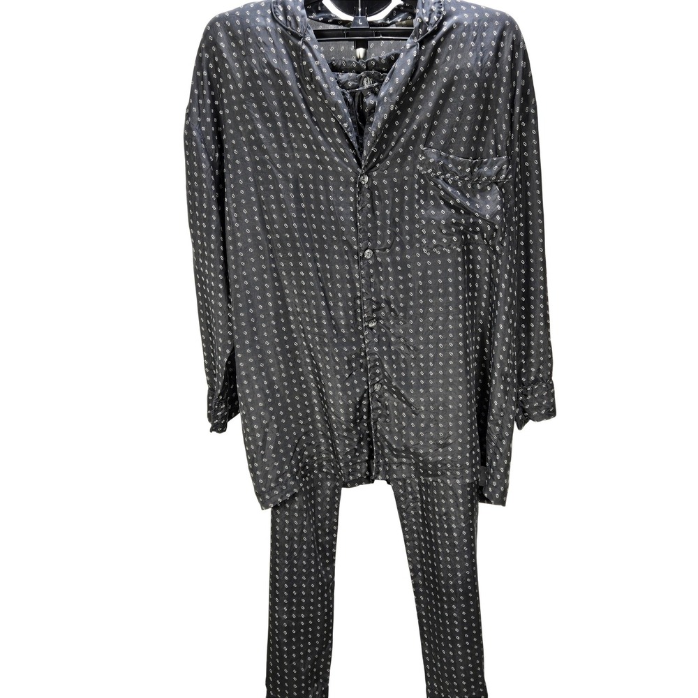 Men's Silk Icon Medium Black Geometric 100% Silk Pajama Set Loungewear Luxe